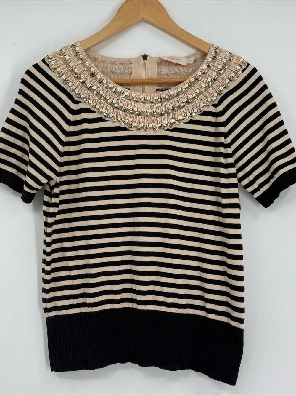 Tory Burch Blue Cream Stripe Cotton Short Sleeve Fringe /beaded Sweater Size XL